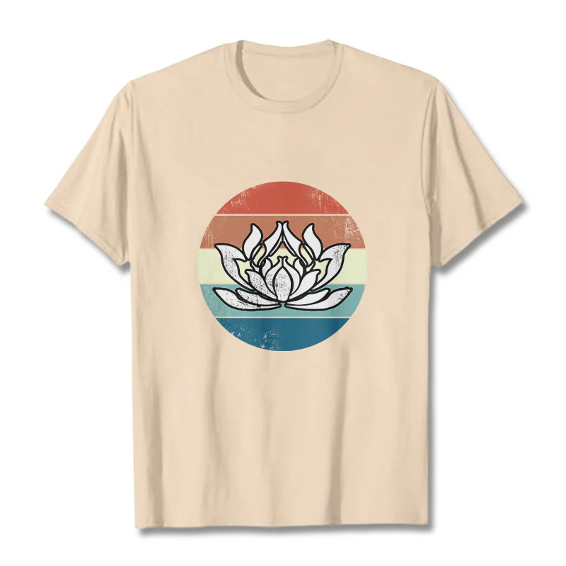 Koszulka z nadrukiem Buddha Stones Kwitnący Lotos Kolorowy Pasiasty Wzór Bawełniany T-shirt - Image 9