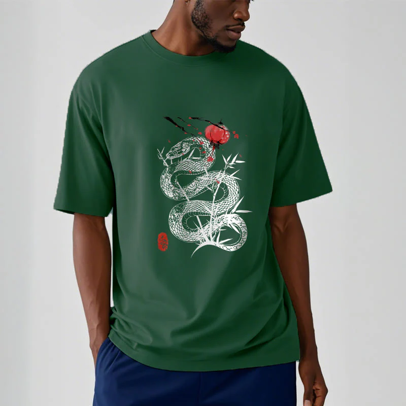 Koszulka z nadrukiem Buddha Stones Latarnia Bambus Liście Wąż Wzór Bawełna T-shirt - Image 11
