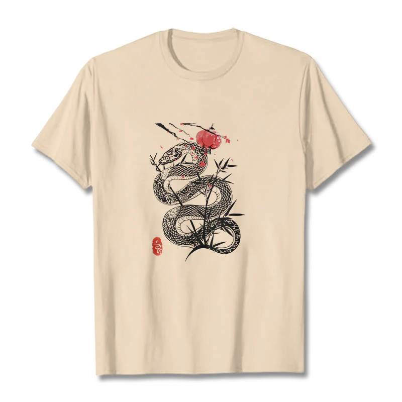 Koszulka z nadrukiem Buddha Stones Latarnia Bambus Liście Wąż Wzór Bawełna T-shirt - Image 13