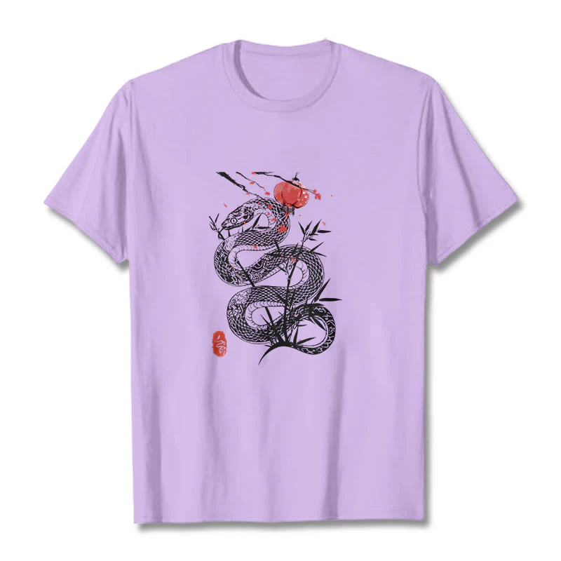 Koszulka z nadrukiem Buddha Stones Latarnia Bambus Liście Wąż Wzór Bawełna T-shirt - Image 17