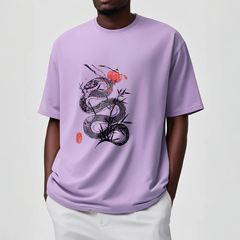 Koszulka z nadrukiem Buddha Stones Latarnia Bambus Liście Wąż Wzór Bawełna T-shirt - Image 18