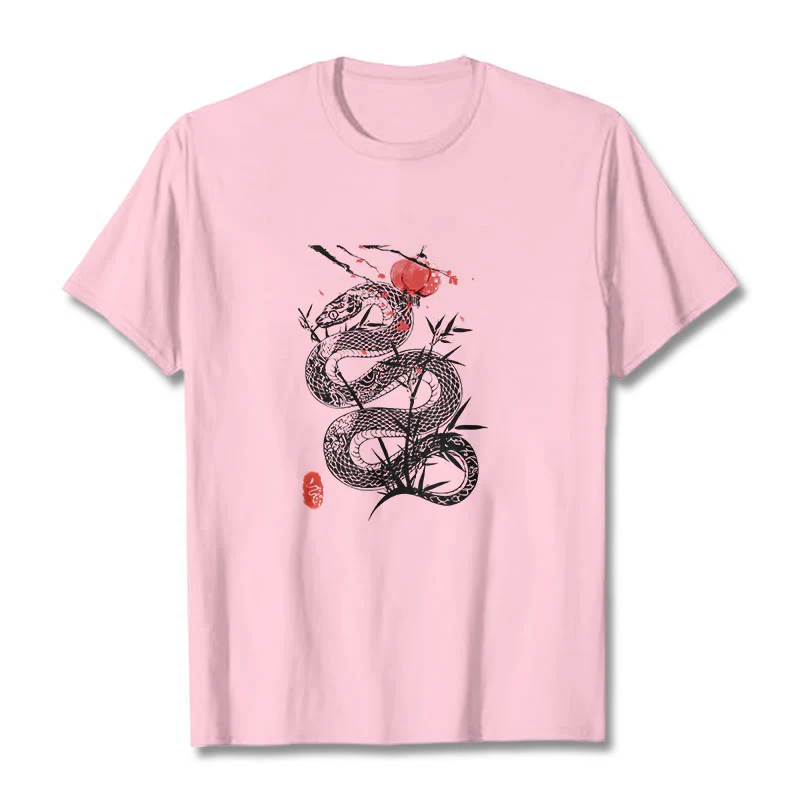 Koszulka z nadrukiem Buddha Stones Latarnia Bambus Liście Wąż Wzór Bawełna T-shirt - Image 19