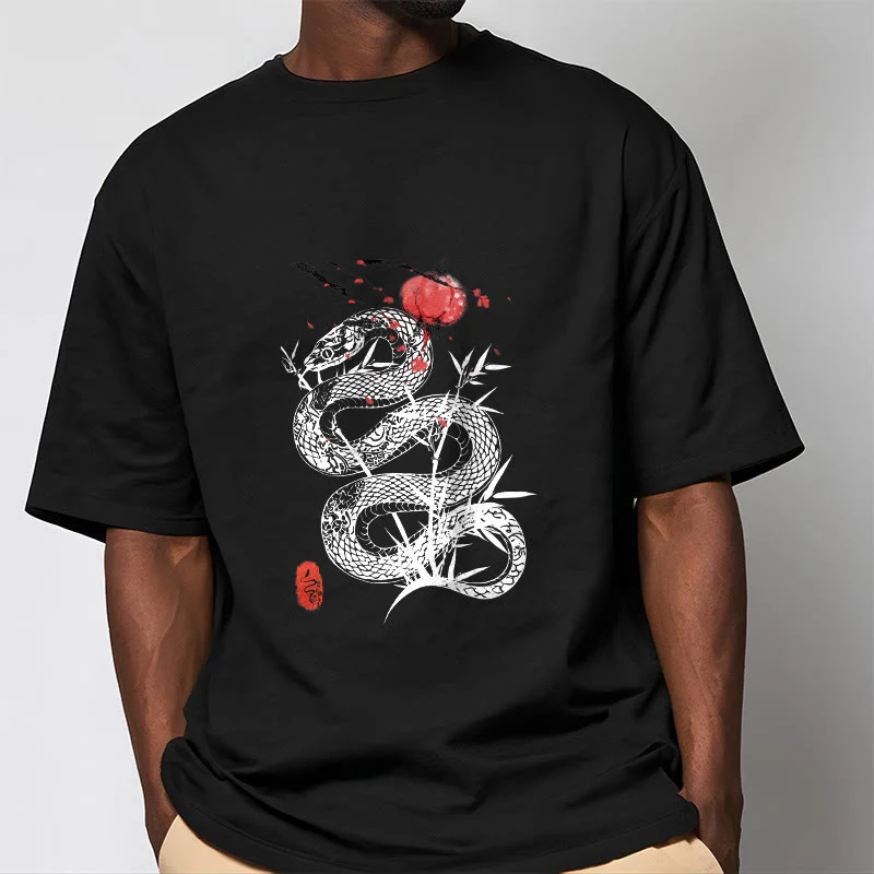 Koszulka z nadrukiem Buddha Stones Latarnia Bambus Liście Wąż Wzór Bawełna T-shirt - Image 3