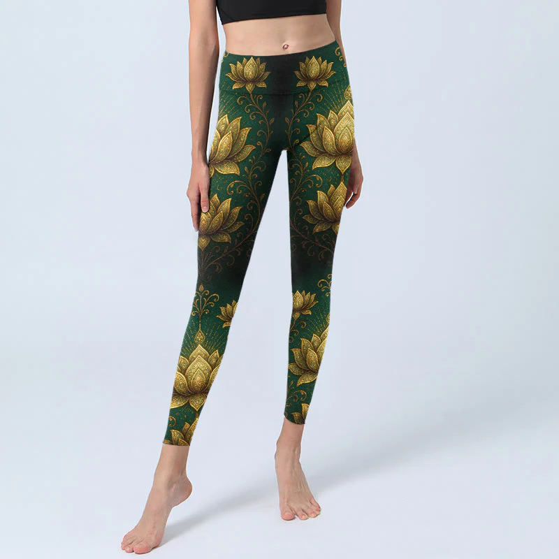 Legginsy do jogi damskie z nadrukiem w Buddha Stones, złoty lotos - Image 4
