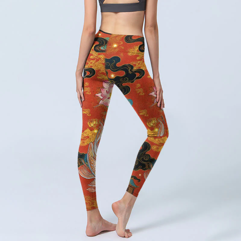 Legginsy do jogi damskie z nadrukiem w kwiaty koi i chmurę, Buddha Stones , wzór lotosu - Image 3