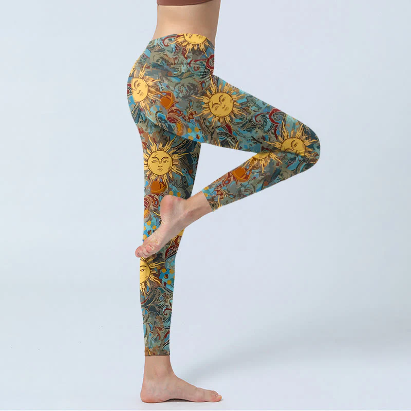 Legginsy do jogi damskie z nadrukiem w złote, uosobione słońce, Buddha Stones - Image 5