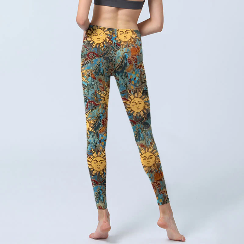 Legginsy do jogi damskie z nadrukiem w złote, uosobione słońce, Buddha Stones - Image 7