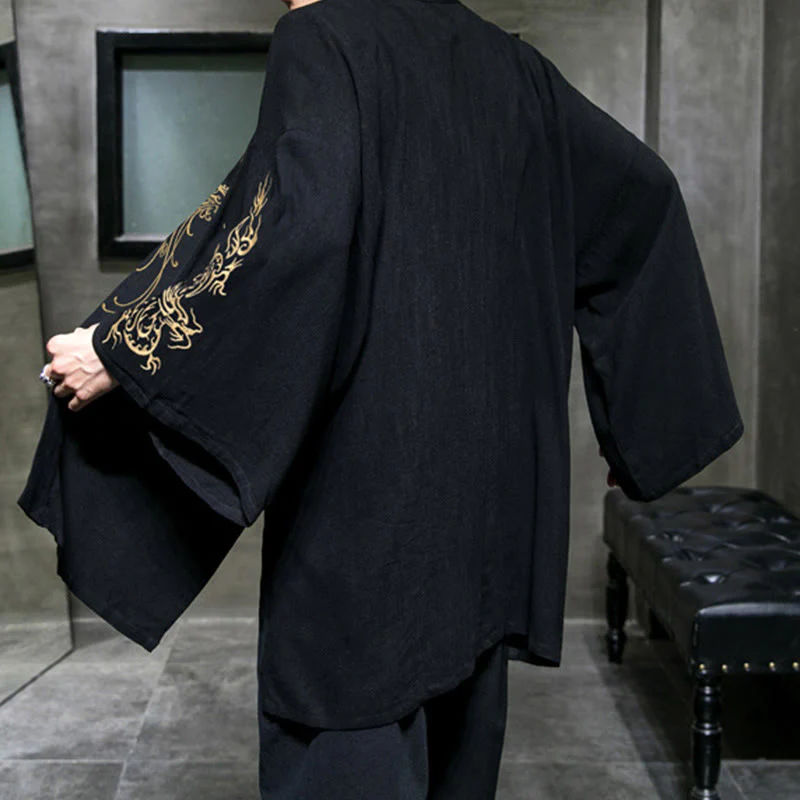 Męska bawełniana kurtka kimono z długim rękawem i otwartym przodem z Buddha Stones Dragon Phoenix - Image 5