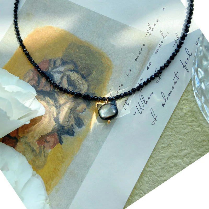 Naszyjnik choker z Buddha Stones w kolorze czarnym Spinel, słodki kotek - Image 3