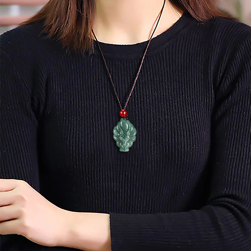 Naszyjnik z Buddha Stones Naturalny Zielony Jadeit Dziewięcioogonowy Lis Szczęście Wisiorek - Image 10