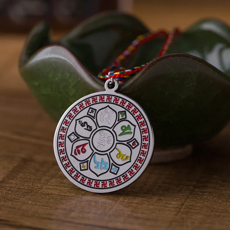 Naszyjnik z kolorowymi Buddha Stones Om Mani Padme Hum ze stali tytanowej z liną ochronną - Image 2