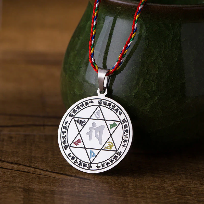 Naszyjnik z kolorowymi Buddha Stones Om Mani Padme Hum ze stali tytanowej z liną ochronną - Image 3
