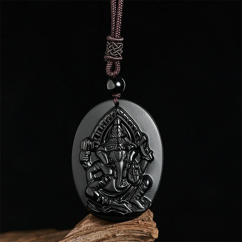 Naszyjnik z wisiorkiem z Buddha Stones , rzeźbionym słoniem Ganesh, naturalnym czarnym obsydianem - Image 3