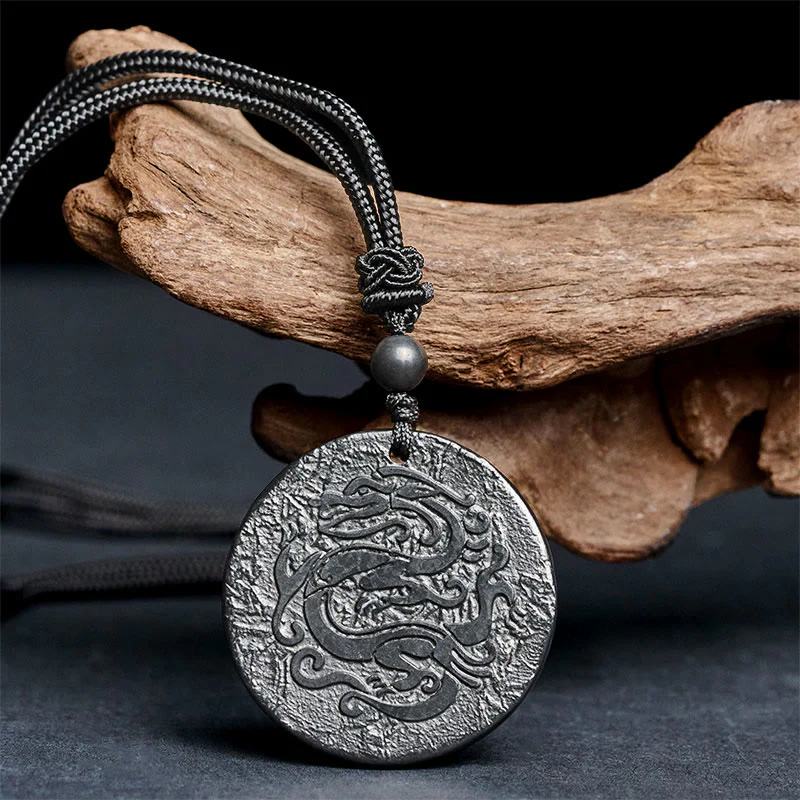 Naszyjnik z wisiorkiem z Buddha Stones z rzeźbionym wzorem smoka i autentycznym kamieniem szungitowym - Image 3