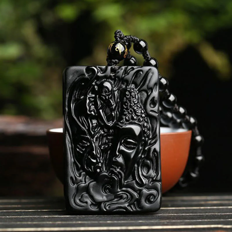 Naszyjnik z wisiorkiem z naturalnego czarnego obsydianu Buddha Stones z motywem diabła i kamieniami Buddy - Image 3