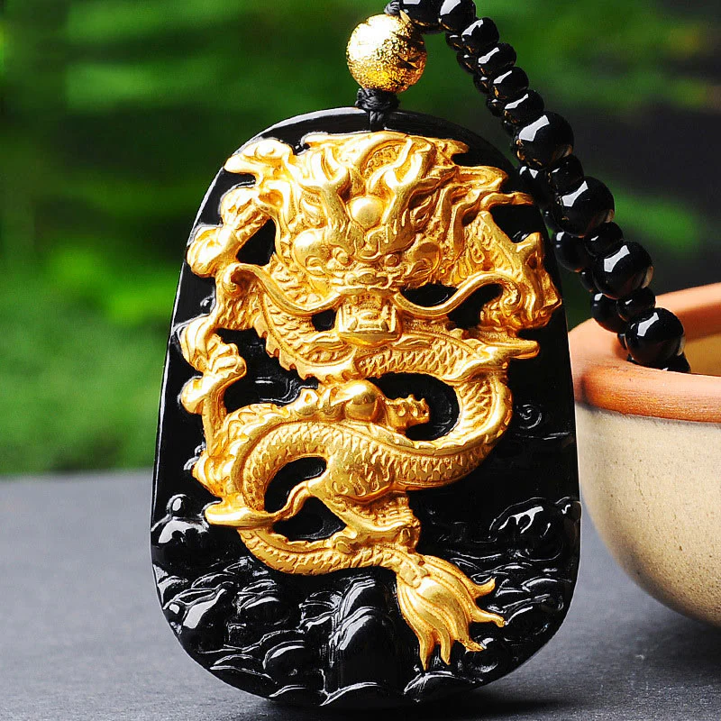 Naszyjnik z zawieszką na szczęście z Buddha Stones 18k pozłacany smokiem obsydian