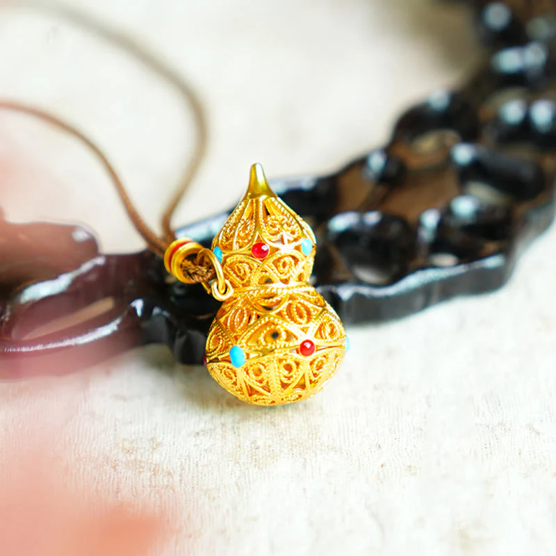 Naszyjnik z zawieszką z motywem pustej tykwy z Buddha Stones, 24-karatowym złotem, z mosiądzu, z liną