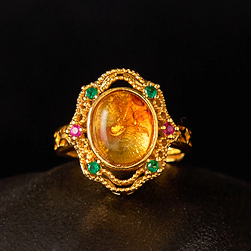 Pierścionek regulowany Buddha Stones Flower Amber Hollow Lace Confidence - Image 3