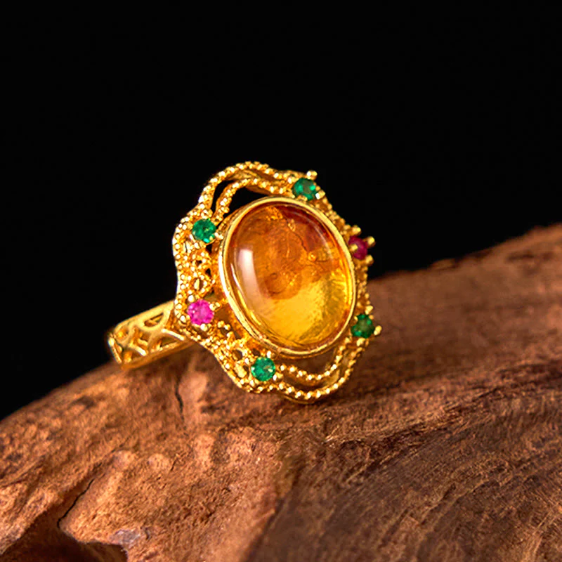 Pierścionek regulowany Buddha Stones Flower Amber Hollow Lace Confidence - Image 9