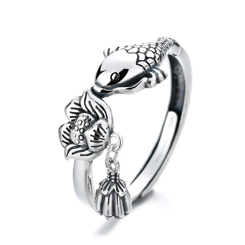 Pierścionek sukcesu Buddha Stones 925 Sterling Silver z rybą Koi i kwiatem lotosu - Image 4