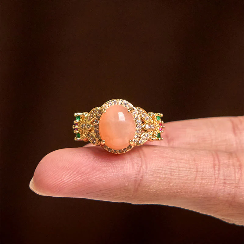 Pierścionek uspokajający z Buddha Stones w stylu vintage z czterema liśćmi i wzorem kwiatów brzoskwiniowych z kamieniem księżycowym - Image 4