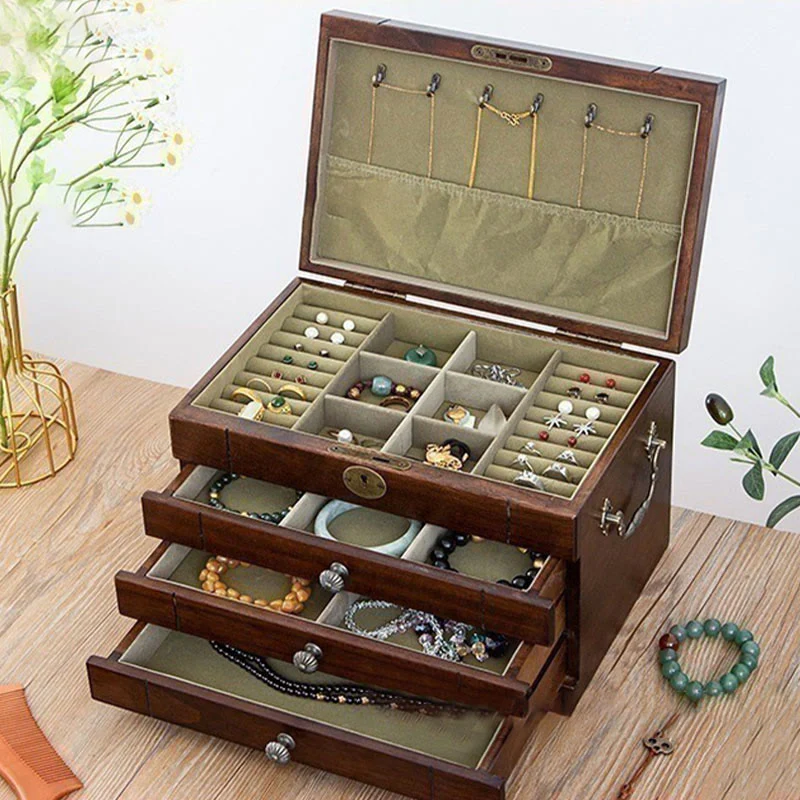Pudełko na biżuterię z litego drewna w stylu retro z Buddha Stones, czterowarstwowe, drewniane pudełko do przechowywania biżuterii