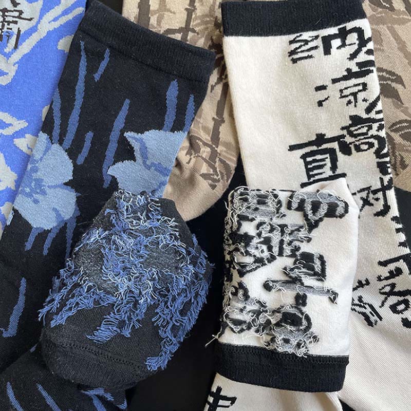 Skarpetki bawełniane damskie Micro Crew z motywem chińskiej kaligrafii i kwiatowym wzorem Buddha Stones - Image 35