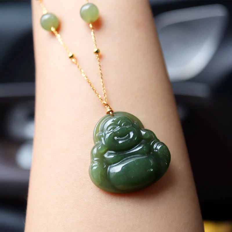 Śmiejący się Budda Hetian Jade Luck Naszyjnik Koralikowy Łańcuch Wisiorek