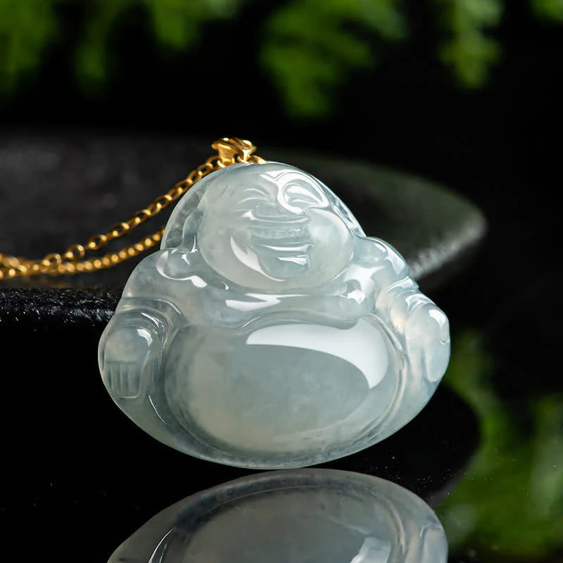 Buddha Stones Śmiejący się Budda Naturalny Jadeit Obfitość Tytanowa Stalowa Łańcuszek Wisiorek - Image 2
