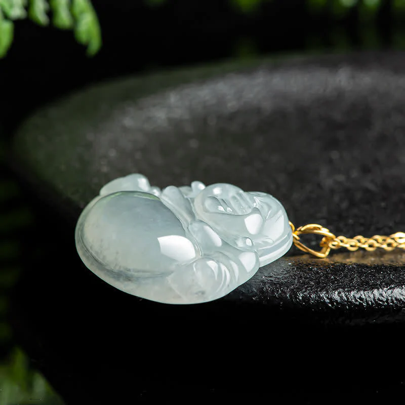 Buddha Stones Śmiejący się Budda Naturalny Jadeit Obfitość Tytanowa Stalowa Łańcuszek Wisiorek - Image 4