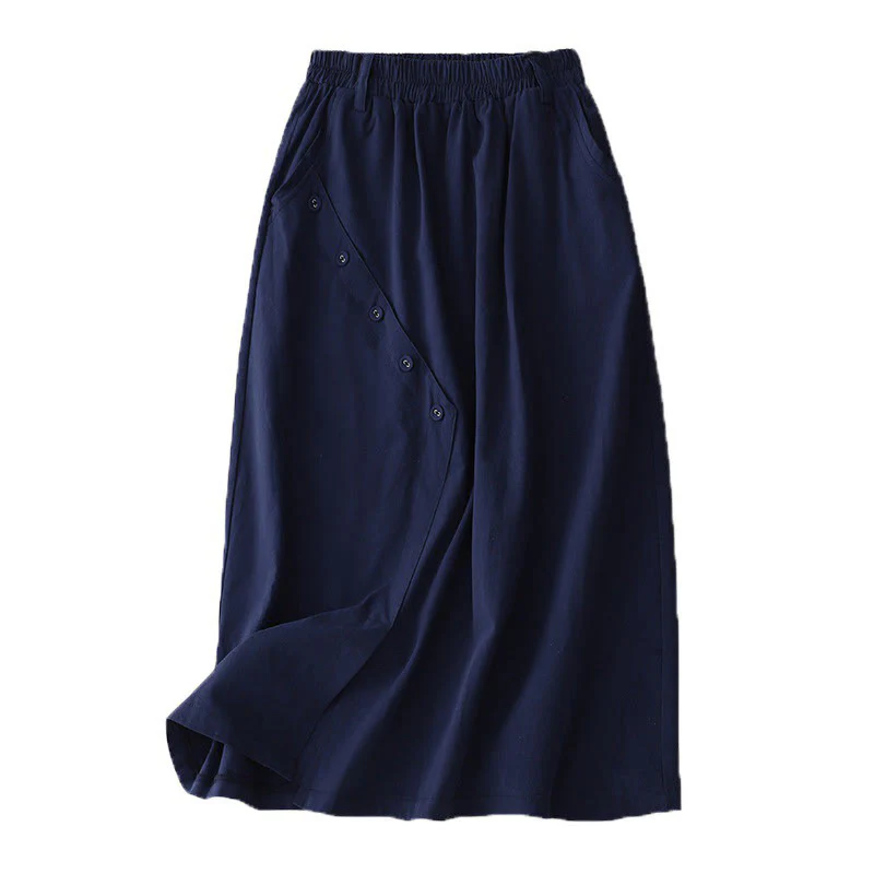 Spódnica damska z kieszeniami Buddha Stones Casual Plain Asymetryczny Guzik Wzór Bawełna - Image 8