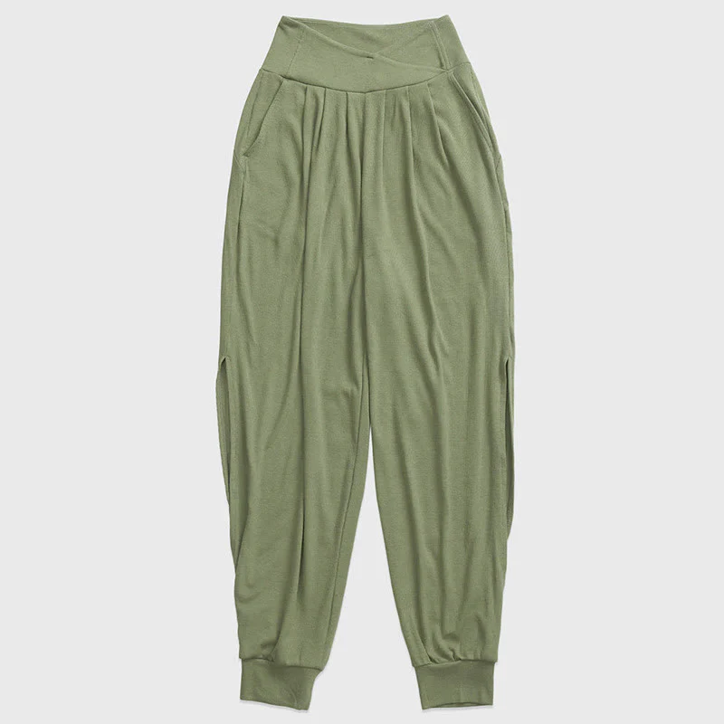 Spodnie damskie z elastycznej tkaniny Buddha Stones Casual Plain Threaded Slit Hem z kieszeniami - Image 13