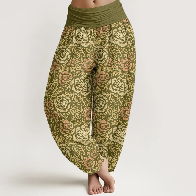 Spodnie haremki damskie z elastyczną talią i motywem kwiatowym w stylu vintage z motywem kamieni Buddha Stones z czystej bawełny
