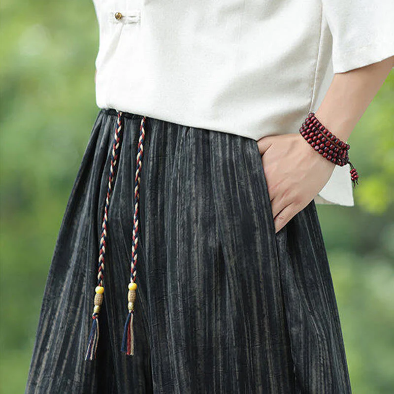 Spodnie haremowe męskie Buddha Stones Summer Black Stripes Drawstring z kieszeniami - Image 10