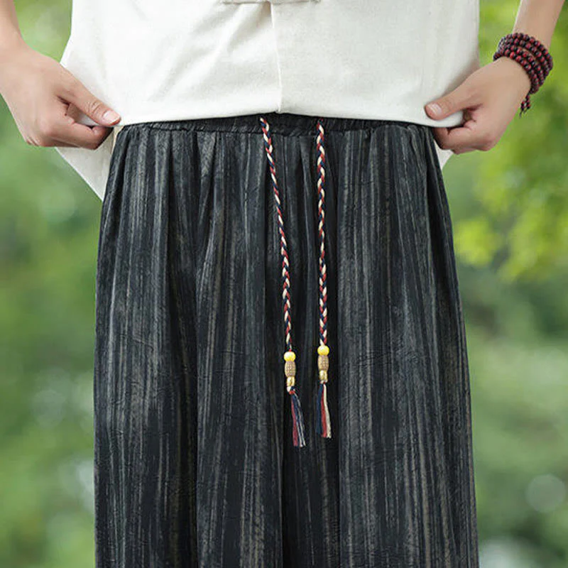 Spodnie haremowe męskie Buddha Stones Summer Black Stripes Drawstring z kieszeniami - Image 12