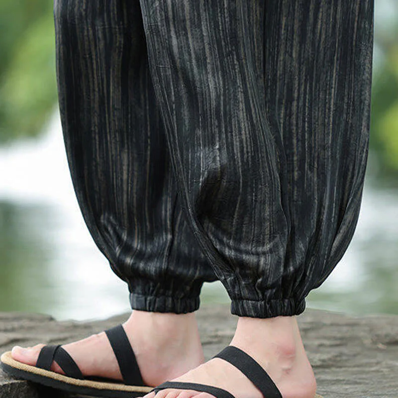 Spodnie haremowe męskie Buddha Stones Summer Black Stripes Drawstring z kieszeniami - Image 13