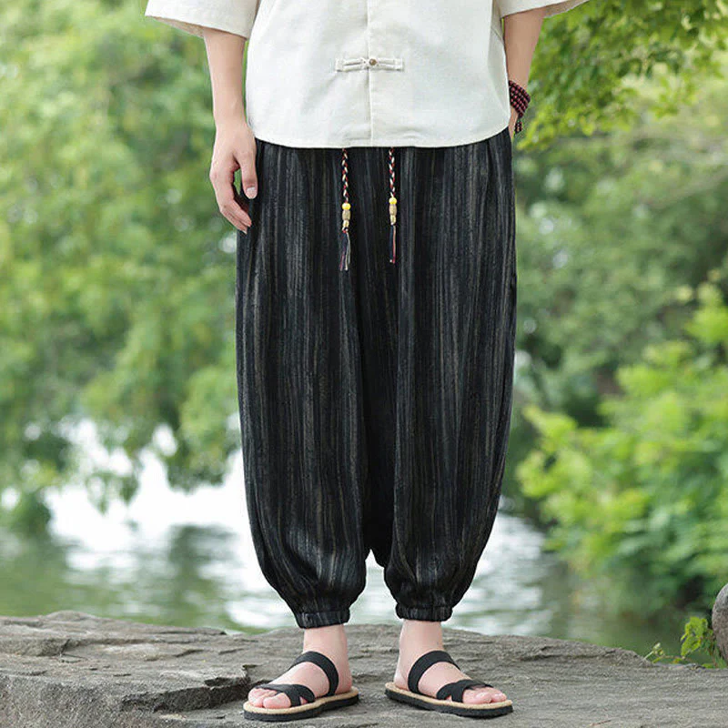 Spodnie haremowe męskie Buddha Stones Summer Black Stripes Drawstring z kieszeniami - Image 2