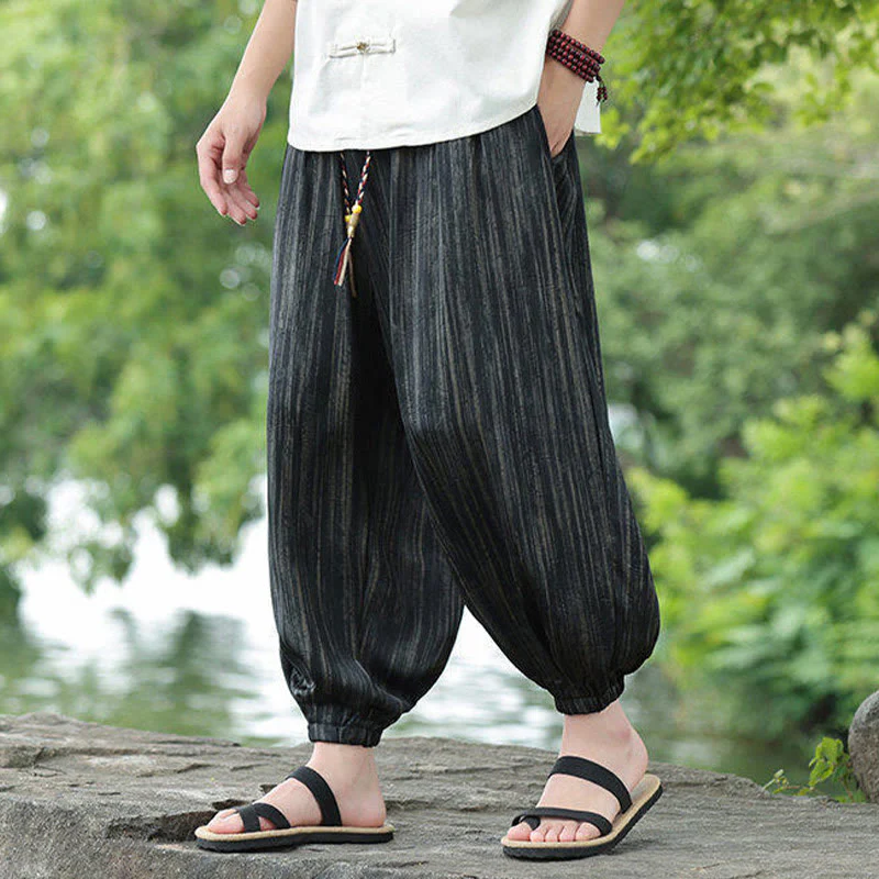 Spodnie haremowe męskie Buddha Stones Summer Black Stripes Drawstring z kieszeniami - Image 9