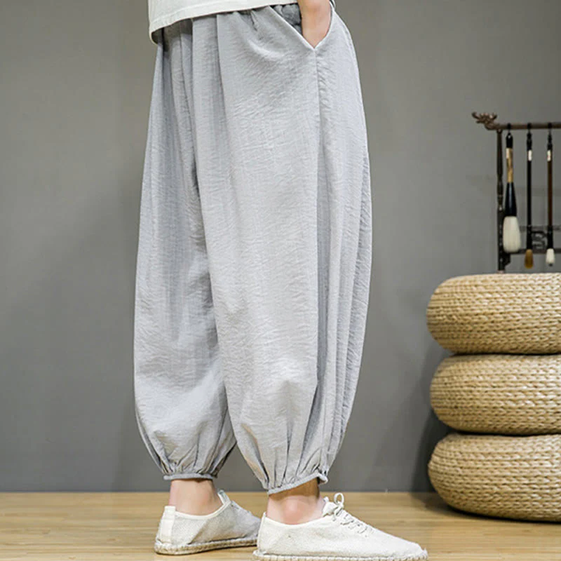 Spodnie haremowe męskie z bawełny Buddha Stones Summer Plain Drawstring do kostek i kieszeniami - Image 15