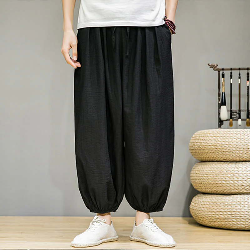 Spodnie haremowe męskie z bawełny Buddha Stones Summer Plain Drawstring do kostek i kieszeniami - Image 25