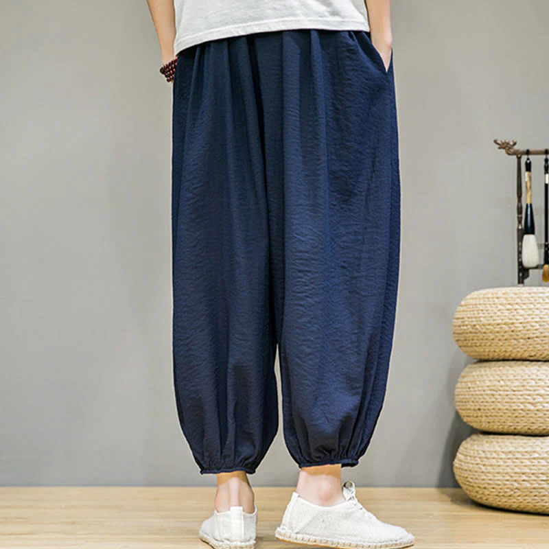 Spodnie haremowe męskie z bawełny Buddha Stones Summer Plain Drawstring do kostek i kieszeniami - Image 3