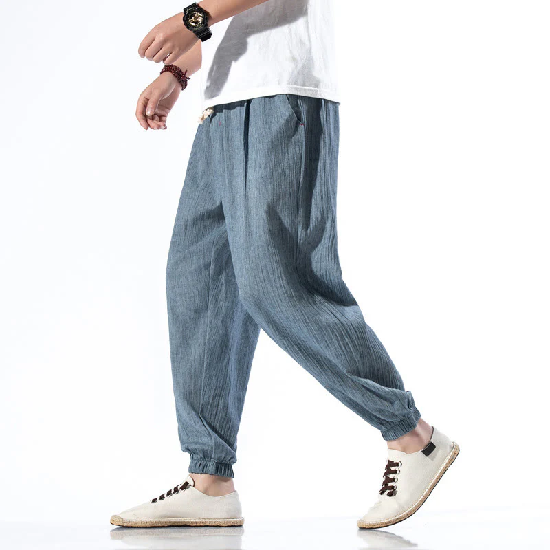 Spodnie męskie z kieszeniami i ściągaczem Buddha Stones Casual Solid Color Drawstring Linen