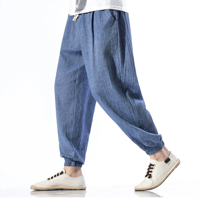 Spodnie męskie z kieszeniami i ściągaczem Buddha Stones Casual Solid Color Drawstring Linen - Image 16