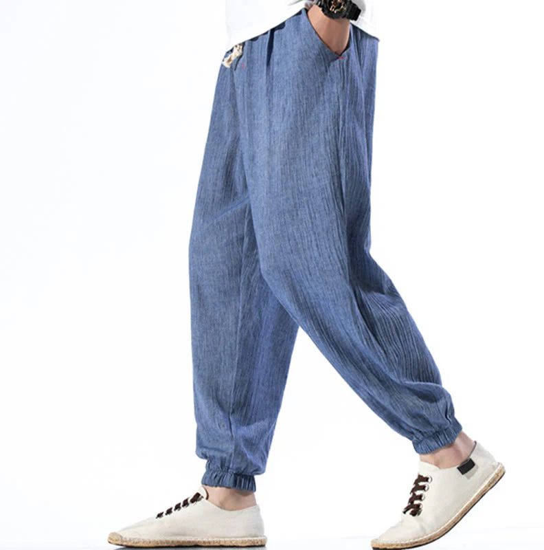 Spodnie męskie z kieszeniami i ściągaczem Buddha Stones Casual Solid Color Drawstring Linen - Image 17