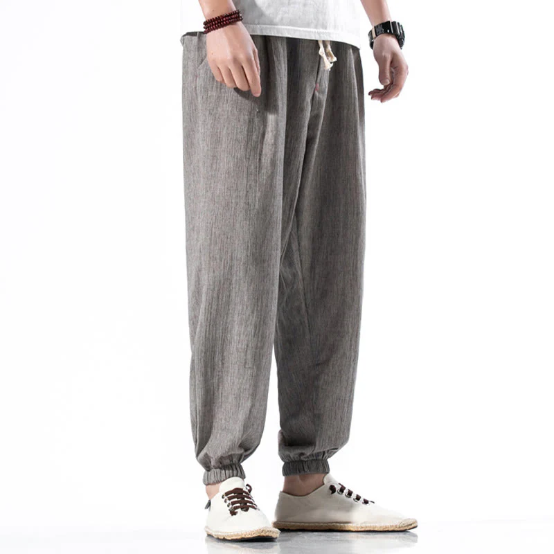 Spodnie męskie z kieszeniami i ściągaczem Buddha Stones Casual Solid Color Drawstring Linen - Image 33