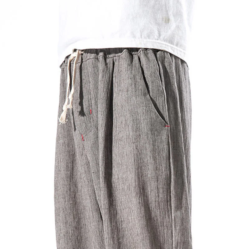 Spodnie męskie z kieszeniami i ściągaczem Buddha Stones Casual Solid Color Drawstring Linen - Image 36