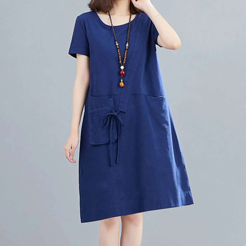 Sukienka midi Buddha Stones Summer Casual Plain Lace-Up Design z okrągłym dekoltem i krótkim rękawem z bawełny i lnu z kieszeniami - Image 22