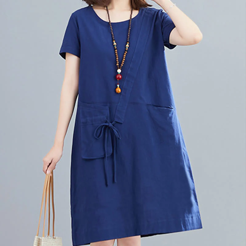 Sukienka midi Buddha Stones Summer Casual Plain Lace-Up Design z okrągłym dekoltem i krótkim rękawem z bawełny i lnu z kieszeniami - Image 23