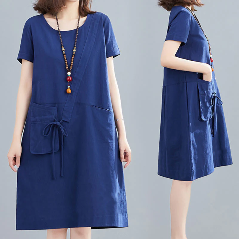 Sukienka midi Buddha Stones Summer Casual Plain Lace-Up Design z okrągłym dekoltem i krótkim rękawem z bawełny i lnu z kieszeniami - Image 26