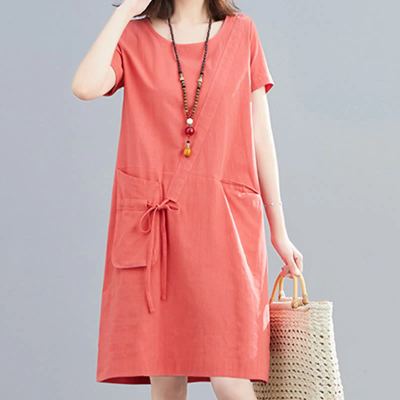 Sukienka midi Buddha Stones Summer Casual Plain Lace-Up Design z okrągłym dekoltem i krótkim rękawem z bawełny i lnu z kieszeniami - Image 8